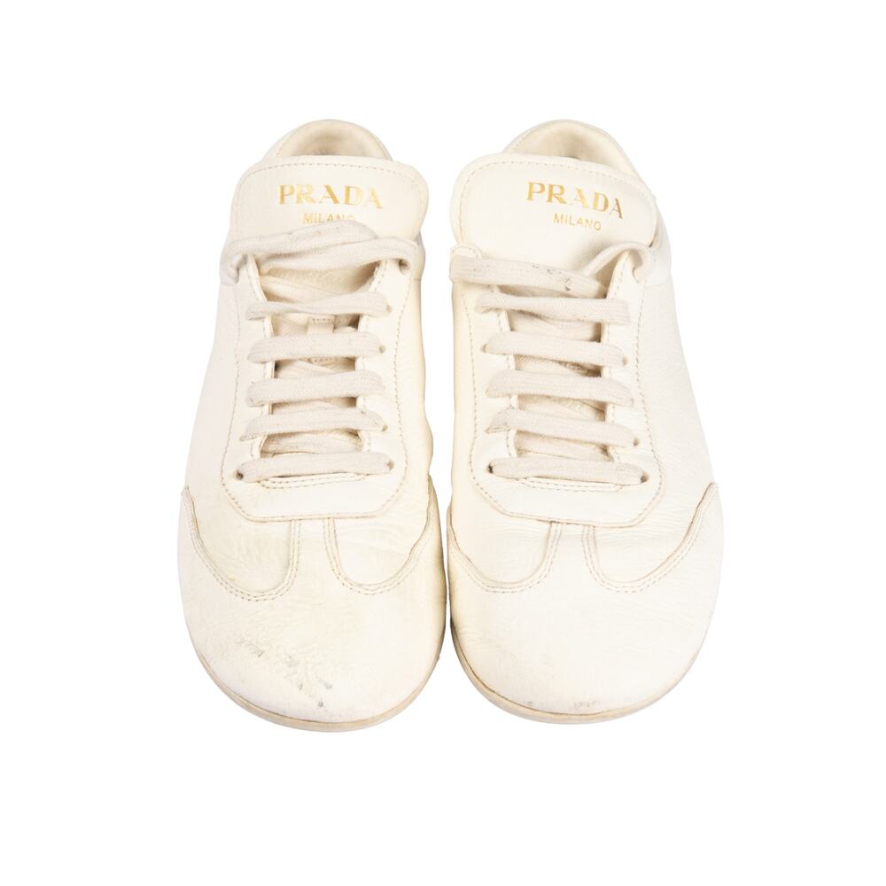 PRADA Ivory Leather Logo Print Lace Up Low Top Trainer Sneakers Size EU 40 US 10 - Picture 3 of 5